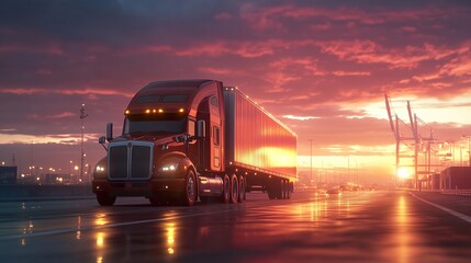 Transportation logistics at golden hour with semi-truck on highway, fast delivery, commercial freight, road travel, industry, sunset, dynamic.