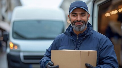 Middle Eastern Delivery Man Holding Package with Smile, Logistics and Customer Service, Soft Blue and Neutral Tones