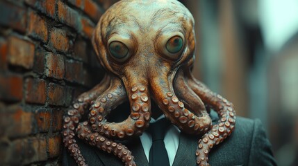 Obraz premium Octopus businessman leaning against brick wall in urban setting