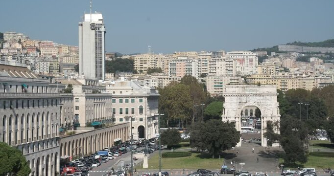 Genoa panorama. View of Genova Brignole.Panorama of the city with Piazza della Vittoria, arch and buildings. Italy