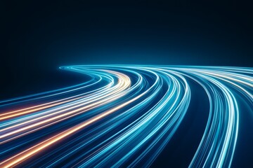 smooth light trails curving over a deep blue background, gentle gradients fading into darkness, soft white and blue lights casting a radiant glow, subtle reflections, sophisticated