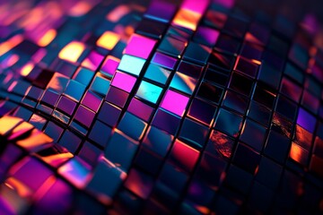 macro shot of a disco balls surface, each mirrored tile sharply defined, capturing intricate textures and subtle scratches, reflections of colored lights in sharp focus