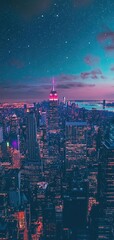 Obraz premium A vibrant futuristic cityscape at night with glowing skyscrapers beneath a starry sky