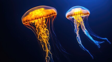 Jellyfish with glowing bioluminescence, suspended in deep blue water, creating an ethereal scene.