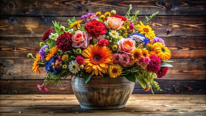 Fototapeta premium A sprawling bouquet of fresh colorful flowers arranged in a rustic wooden vase on a vintage table, blooms, florals