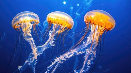 Jellyfish with glowing bioluminescence, suspended in deep blue water, creating an ethereal scene.