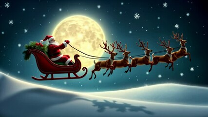 Santa Claus flies in a sleigh full of gifts, pulled by reindeer against the backdrop of a full moon on Christmas night.