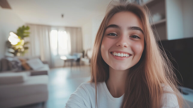 Młoda kobieta, z szerokim uśmiechem, robi selfie w swoim nowoczesnym salonie. Jej wyraz twarzy zdradza radość i zadowolenie z życia.