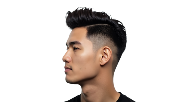 Side Pose of a Young Adult Man with a Fresh Haircut on Transparent Background (PNG).