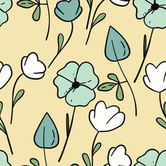 Seamless floral pattern based on traditional folk art ornaments. Colorful flowers on color background. Scandinavian style. Sweden nordic style. Vector illustration. Simple minimalistic pattern