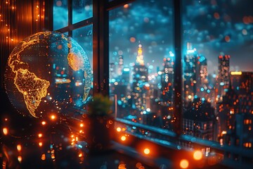 Obraz premium A globe is lit up with lights and is sitting on a table next to a window
