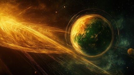 A glowing, swirling nebula wraps around a planet in space.