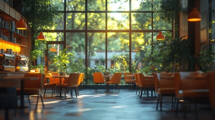 A modern cafe interior with large windows overlooking a lush green garden, sunlight streams through the windows, creating a warm and inviting atmosphere.