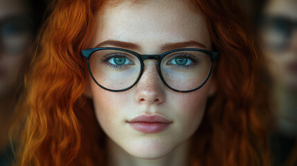 Fototapeta premium A young woman with striking red hair and large glasses looks directly at the camera, exuding confidence and charm in a cozy indoor setting