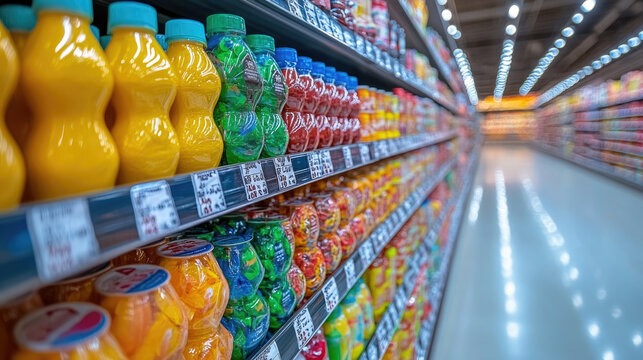 Brightly colored bottles of fruit-flavored beverages line a supermarket aisle, enticing shoppers with vibrant hues and refreshing options