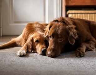 Cute dogs resting on the floor together at home