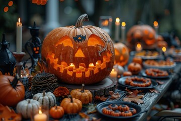 A table is set for a Halloween party with a large pumpkin in the center