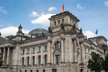 Photograph of the architecture of the famous landmark of the old German Reichstag building in Berlin.