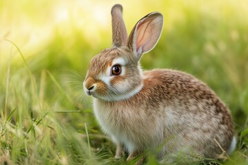 Fototapeta premium Alert brown rabbit in green grass, sunlight highlights fur
