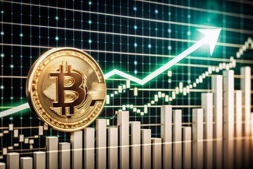 Bitcoin growth concept with stacked coins and rising green arrow graph