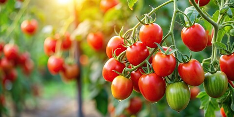 Obraz premium A tomato plant with a few ripe red tomatoes hanging from its stem, harvest, fruit, garden, garden, flowers
