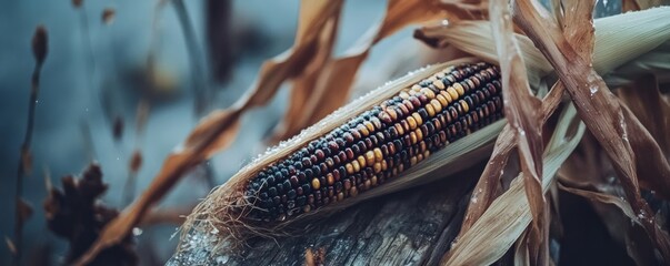 Decorative indian corn cob resting on rustic wooden surface