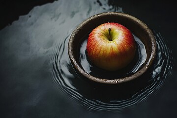 Red Apple Floating in a Wooden Bowl, Minimalist Still Life Photography