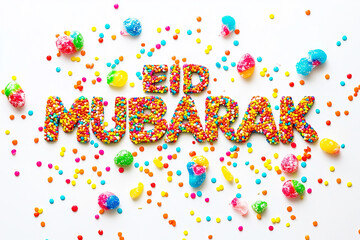 Eid Mubarak text made of colorful candy on a white background