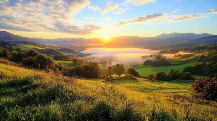 Fototapeta premium A breathtaking sunrise over a lush valley, with mist rising from the rolling hills and a vibrant sky that promises a beautiful day.