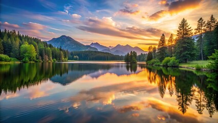 Fototapeta premium A tranquil lake at sunset with surrounding mountains and trees, serene, colors