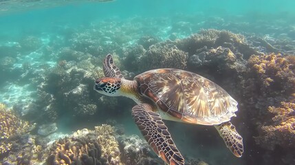 Obraz premium Sea turtle swimming alongside colorful coral, showcasing its gentle and slow movements.