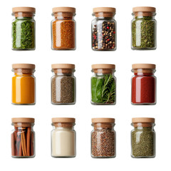 A collection of assorted spices in glass jars with wooden lids, arranged in a neat grid isolated on PNG transparent background