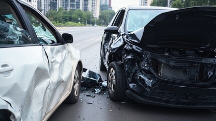 Obraz premium Black car is in a collision with a white car. The black car has a smashed front end and the white car has a smashed rear end. The scene is chaotic and dangerous