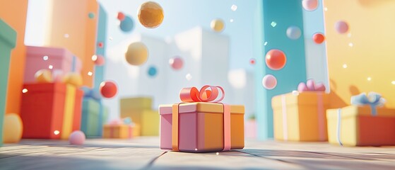 A single pink and orange gift box with a red ribbon sits on a wooden floor with other colorful gift boxes in the background,  surrounded by a blur of colorful spheres and confetti.