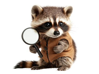 Obraz premium Cute raccoon detective wearing a small vest, holding a magnifying glass, isolated on PNG transparent background