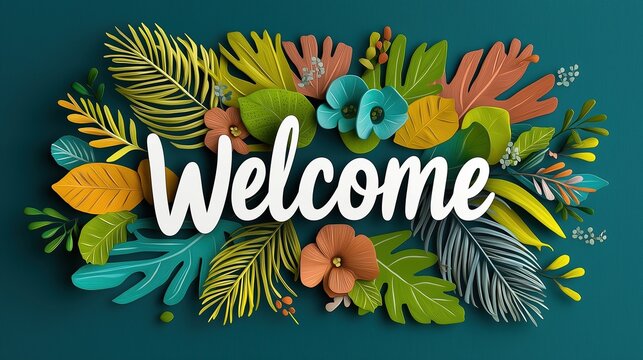 Colorful sign that says "Welcome" with a bunch of flowers. The sign is on a blue background - Powered by Adobe