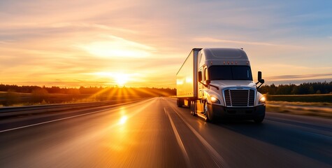 Classic semi-truck cruising on rural highway at sunset, golden sunlight, freight transport, commercial vehicle, long-distance haul, travel, logistics.