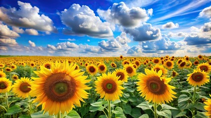 Fototapeta premium A vibrant and colorful sunflower field in full bloom against a bright blue sky with fluffy white clouds, natural landscape, wildflowers, botanical print, nature wallpaper, flower field