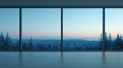 Fototapeta premium Large window overlooking a forest with a blue sky in the background. The scene is peaceful and serene, with the trees covered in snow and the sky painted in shades of blue and pink