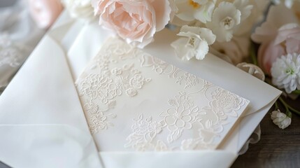 A vintageinspired wedding invitation suite with delicate lace embossing and soft pastel hues setting the tone for a nostalgic celebration.