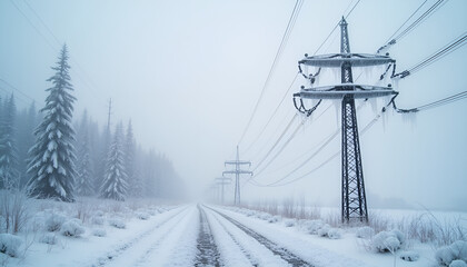 Snowy winter landscape with with icy power lines and foggy atmosphere