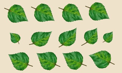 Nature background with green leaves depicted on a beige background. Watercolor illustration suitable for use in wallpaper, textile, stationery and decorative projects.