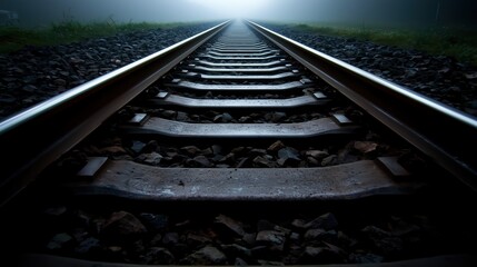 Train track with a dark background. The train tracks are old and rusty. The image has a mood of loneliness and emptiness