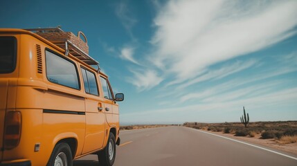 Yellow van is parked on a road with a clear blue sky above. The van is loaded with luggage and has a basket on the roof. Concept of adventure and travel