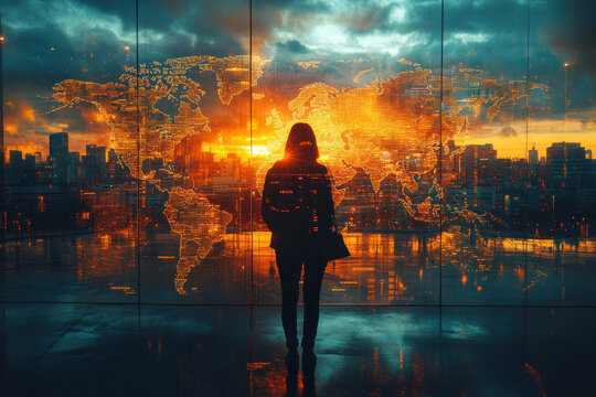 Silhouette of businesswoman in front of digital world map at sunset - Powered by Adobe