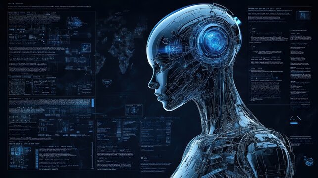 woman-robot science fiction. illustrated as a technical character schematic. character color blue with silver liquid metal accents. Morphing capabilities annotated, weaponized arms dimensions labeled