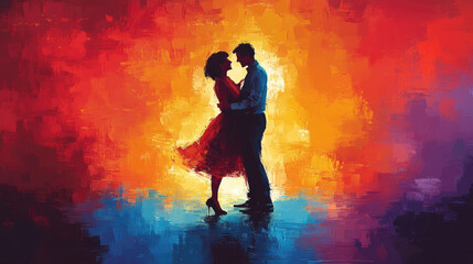 Two people share a close embrace while dancing, surrounded by a stunning backdrop of contrasting colors that evoke romance and passion