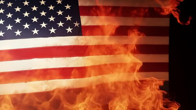 A close-up image of an American flag engulfed in flames