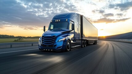 Classic semi-truck cruising on rural highway at sunset, golden sunlight, freight transport, commercial vehicle, long-distance haul, travel, logistics.