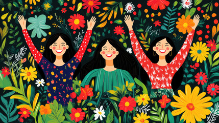 Fototapeta premium Joyful women express happiness in a lush garden filled with colorful flowers, symbolizing friendship and celebration under a vibrant canopy
